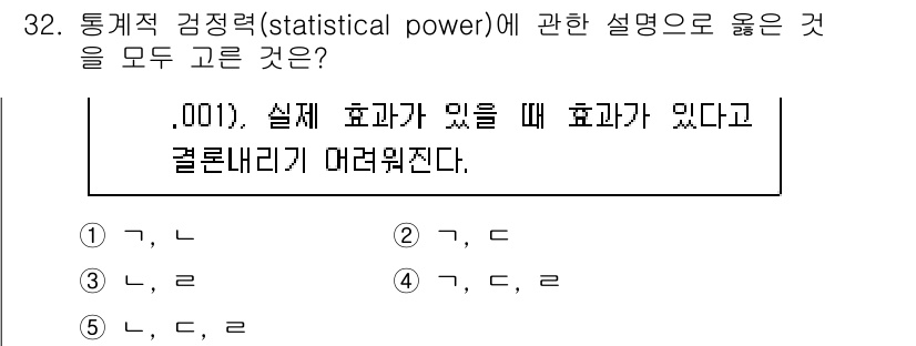 청소년상담사_2급(1교시)(구) 2024년 32번 - 통계적 검정력은 실제 효과가 있을 때 이를 발견할 확률을 의미하며, 검정... 에 관한 핵심 기출문제