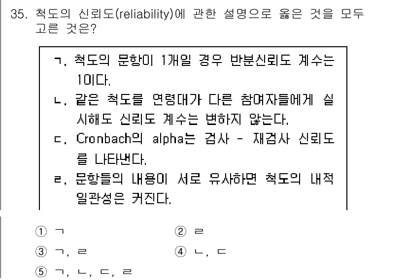 청소년상담사_2급(1교시)(구) 2024년 35번 - 같은 측도를 연결하여 다른 참여자들이 평가할 경우 신뢰도가 변하지 않음을... 에 관한 핵심 기출문제