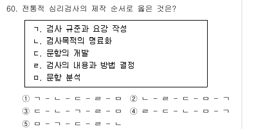 청소년상담사_2급(1교시)(구) 2024년 60번 - . 

전통적 심리검사의 제작 순서는 검사목적의 명료화가 첫 단계로, 그... 에 관한 핵심 기출문제