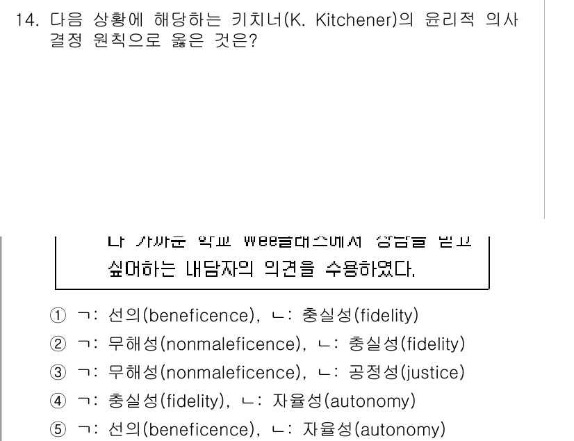 청소년상담사_2급(1교시) 2024년 14번 - K. Kitchener의 윤리적 결정 원칙 중에서 "자율성(autonom... 에 관한 핵심 기출문제