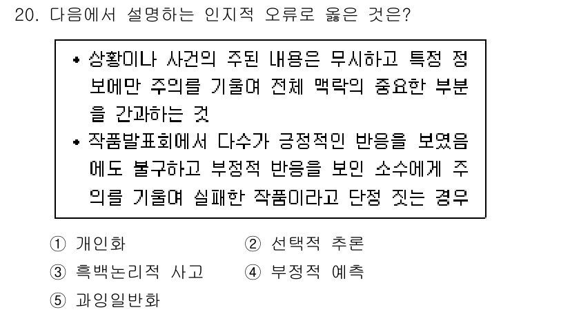 청소년상담사_2급(1교시) 2024년 20번 - 해설: "사고의 주된 내용은 무시하고 특성 정보만을 강조하는 것"은 인지... 에 관한 핵심 기출문제