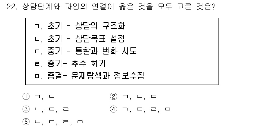 청소년상담사_2급(1교시) 2024년 22번 - 초기 상담에서 상담 목표를 설정하고, 중기에는 통찰과 변화를 촉진하는 과... 에 관한 핵심 기출문제
