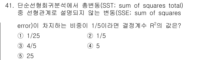 청소년상담사_2급(1교시) 2024년 41번 - 문제에서 제시된 비율이 1/50이라면 오류 제곱합(SSE)이 총변동(SS... 에 관한 핵심 기출문제