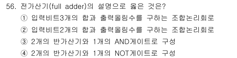 PC정비사_1급 2024년 56번 - 전가산기(Full Adder)는 두 개의 입력 비트와 이전 자리의 캐리 ... 에 관한 핵심 기출문제