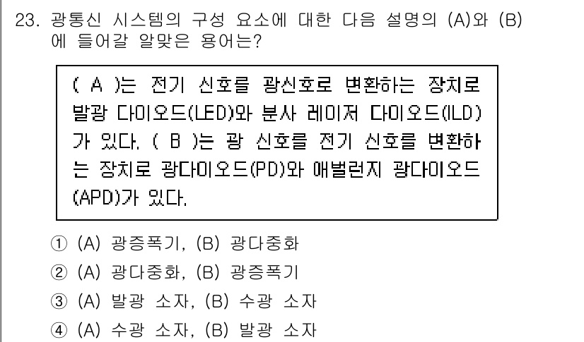 네트워크관리사_1급 2024년 23번 - ( A )는 전기 신호를 광신호로 변환하고 ( B )는 광신호를 전기 신... 에 관한 핵심 기출문제