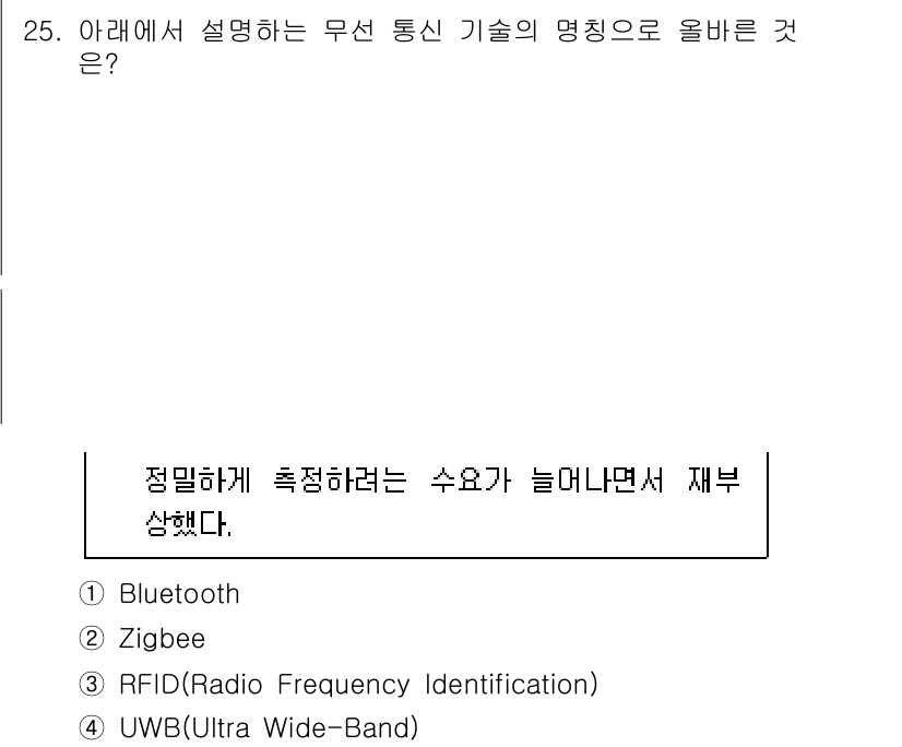 네트워크관리사_1급 2024년 25번 - 정답은 4번 UWB(울트라 와이드밴드)입니다. UWB는 초광대역 통신 기... 에 관한 핵심 기출문제