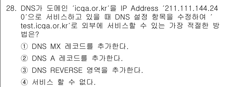 네트워크관리사_1급 2024년 28번 - 정답은 2번이며, 이유는 A 레코드를 추가함으로써 외부에서 'test.i... 에 관한 핵심 기출문제