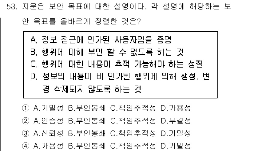 네트워크관리사_1급 2024년 53번 - 정답인 이유는 정보의 내용이 비밀 유지와 접근 통제를 통해 사용자의 정보... 에 관한 핵심 기출문제