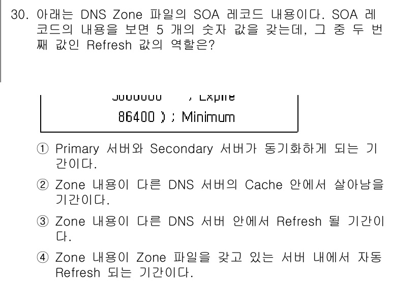 인터넷보안전문가_2급 2024년 30번 - . Refresh 값은 DNS 서버가 Zone 파일을 새로 고치기 전에 ... 에 관한 핵심 기출문제