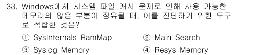 PC정비사_2급 2024년 33번 - . 

정답인 이유: Sysinternals RamMap은 시스템 메모리... 에 관한 핵심 기출문제