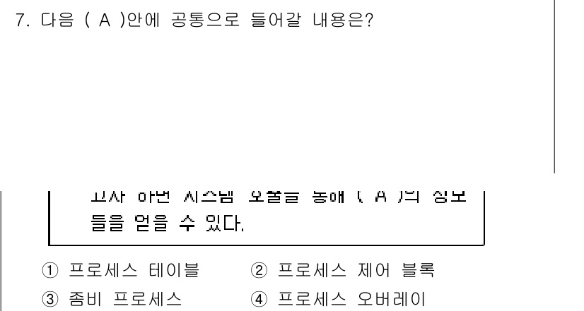 PC정비사_2급 2024년 7번 - 프로세스 제어 블록(PCB)은 운영체제에서 프로세스 관리를 위해 각 프로... 에 관한 핵심 기출문제