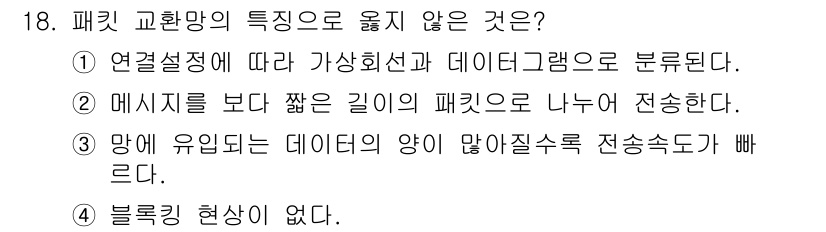 네트워크관리사_2급 2024년 18번 - 패킷 교환망의 특징 중 하나는 블록킹 현상이 발생할 수 있다는 점입니다.... 에 관한 핵심 기출문제