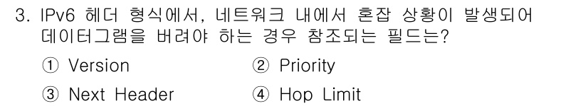 네트워크관리사_2급 2024년 3번 - 정답은 2. Priority입니다. 

Priority 필드는 IPv6 ... 에 관한 핵심 기출문제