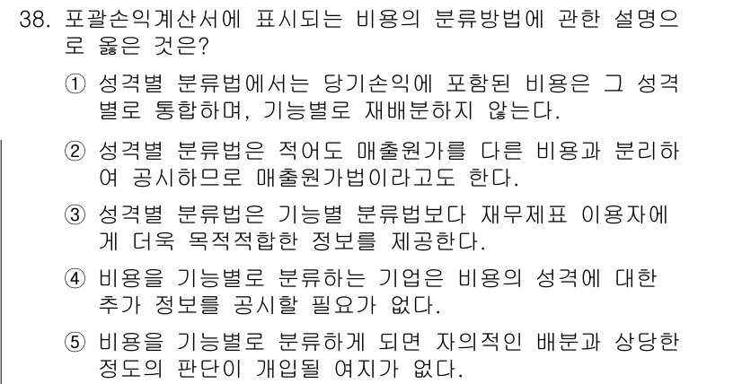 경영지도사_1차 2025년 38번 - . 

포괄손익계산서에서 비용을 분류하는 방식을 설명할 때, 기능별 분류... 에 관한 핵심 기출문제