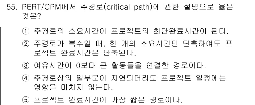 경영지도사_1차_1교시(구) 2025년 55번 - . PERT/CPM에서 주경로는 프로젝트의 최대완공시간을 나타냅니다. 이... 에 관한 핵심 기출문제
