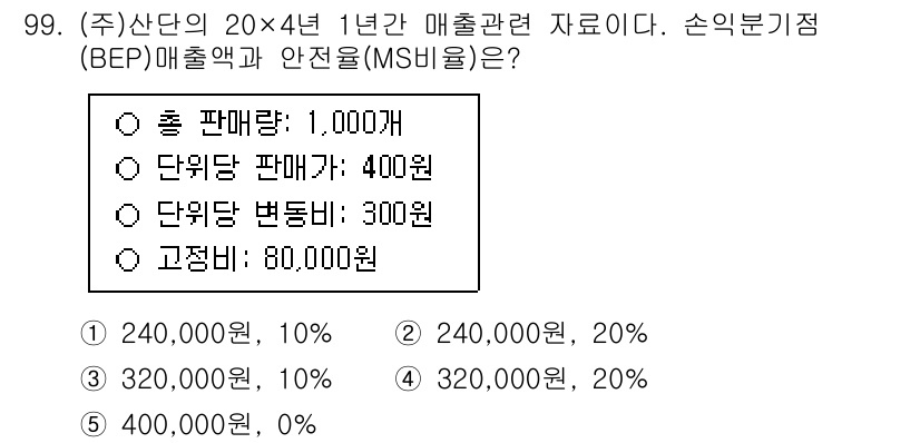 경영지도사_1차_1교시 2025년 99번 - 안전분기점(MSBI)은 매출이 고정비를 초과하는 시점을 의미합니다. 주어... 에 관한 핵심 기출문제