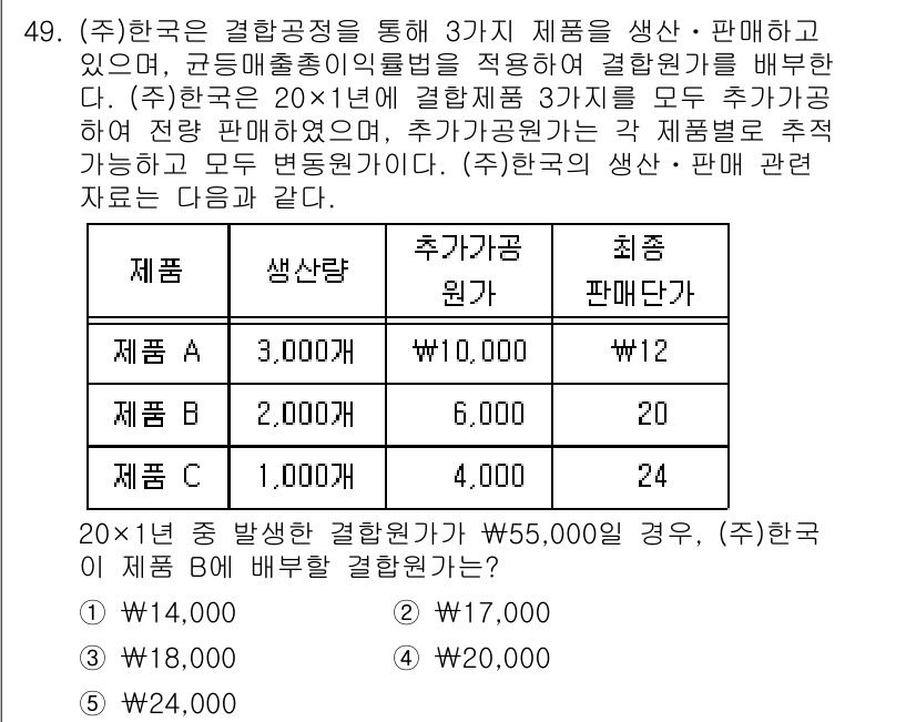 경영지도사_1차_2교시(구) 2025년 49번 - 주어진 문제에서 20x1의 결혼공식에 따라 제품 A, B, C의 생산 원... 에 관한 핵심 기출문제