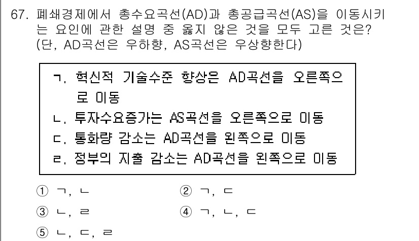 감정평가사_1차_1교시(구) 2025년 67번 - 혁신적 기술수준 상승은 AD 곡선을 오른쪽으로 이동시키며, 이는 생산성이... 에 관한 핵심 기출문제