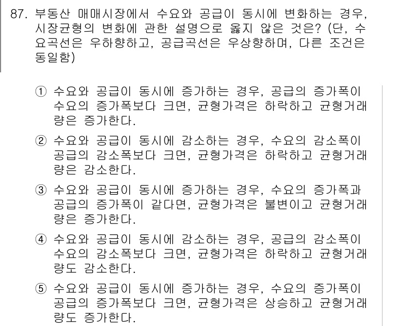 감정평가사_1차_1교시(구) 2025년 87번 - 정답 4번은 수요와 공급의 동시 변화에 관한 설명이다. 수요 증가와 공급... 에 관한 핵심 기출문제