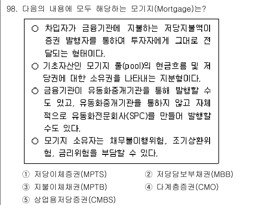 감정평가사_1차_1교시(구) 2025년 98번 - . 

이유: 은행 및 금융기관이 발행하는 모기지는 일반적으로 자산담보증... 에 관한 핵심 기출문제