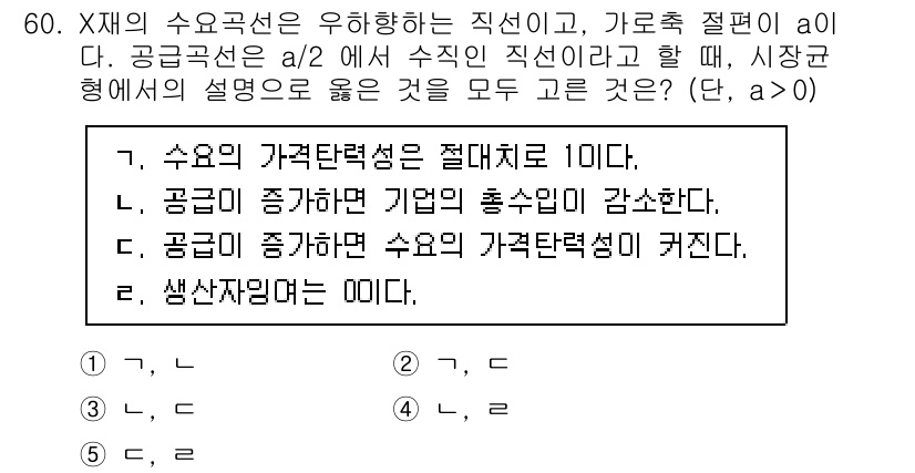 감정평가사_1차_1교시 2025년 60번 - 문제에서 공급곡선의 기울기 a1은 공급이 증가하면 가격이 상승하게 됨을 ... 에 관한 핵심 기출문제