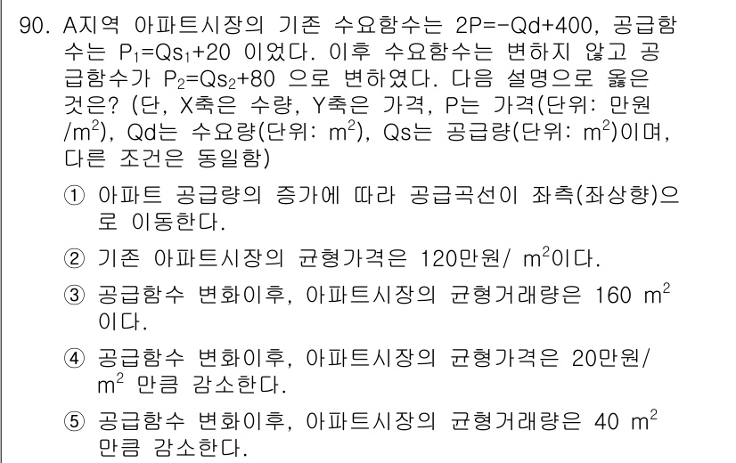 감정평가사_1차_1교시 2025년 90번 - 주어진 수요함수와 공급함수를 비교했을 때, 균형 가격과 균형 거래량을 찾... 에 관한 핵심 기출문제