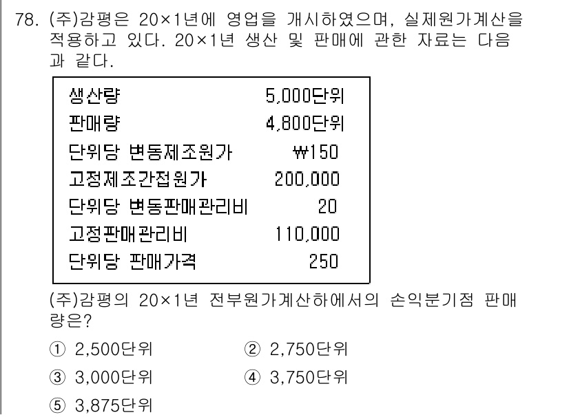 감정평가사_1차_2교시 2025년 78번 - 주어진 자료에서 20x1년 기준으로 생산 및 판매 데이터를 토대로 손익분... 에 관한 핵심 기출문제