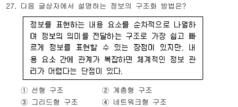 전자상거래관리사_1급 2018년 27번 - . 

정답인 이유는 정보의 표현 방식이 순차적이고 구조적이어야 의미 전... 에 관한 핵심 기출문제