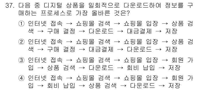 전자상거래관리사_1급 2018년 37번 - 첫 번째 단계에서 '구매 결정'이 이루어진 후, '다운로드'와 '저장'을... 에 관한 핵심 기출문제