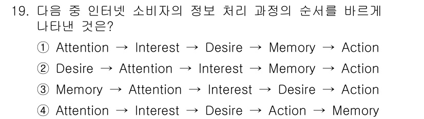 전자상거래관리사_1급 2019년 19번 - 정보 처리 과정에서 소비자는 주의를 끌고(Attention), 흥미를 유... 에 관한 핵심 기출문제