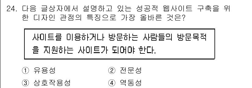 전자상거래관리사_1급 2019년 24번 - . 유용성

유용성은 웹사이트가 사용자의 요구를 충족시키고 정보나 서비스... 에 관한 핵심 기출문제