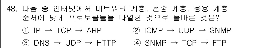 전자상거래관리사_1급 2019년 48번 - ICMP는 오류 메시지 및 네트워크 상태를 전송하는 데 사용되며, UDP... 에 관한 핵심 기출문제