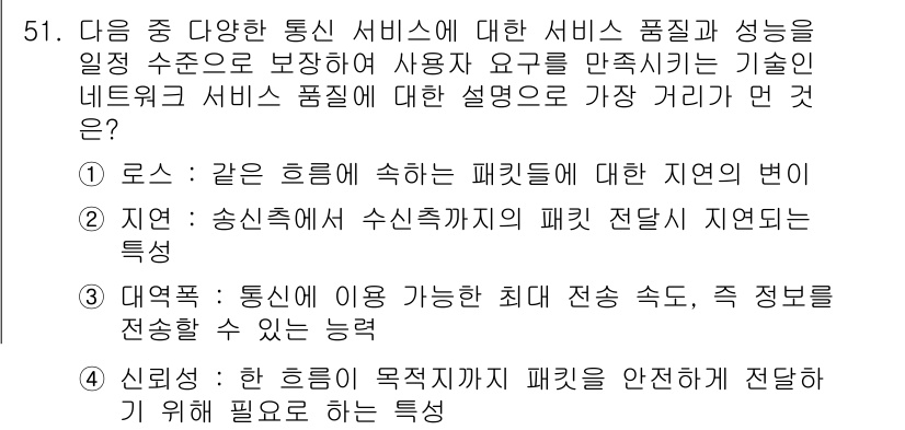 전자상거래관리사_1급 2019년 51번 - 이는 통신 서비스의 품질과 성능을 보장하기 위해 사용자 요구를 충족시키는... 에 관한 핵심 기출문제