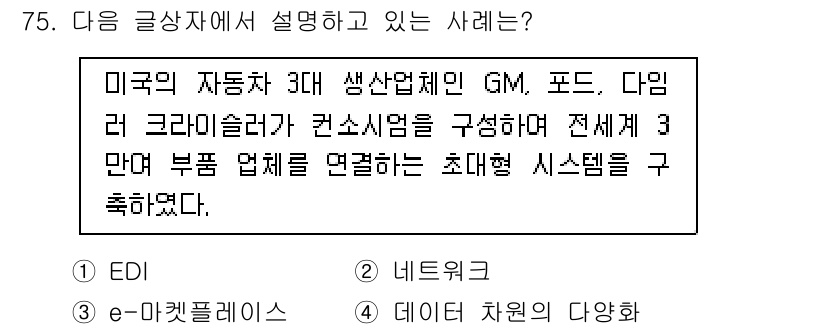 전자상거래관리사_1급 2019년 75번 - 정답인 이유는 이 사례가 전통적인 산업인 자동차 제조업에서 EDI(전자자... 에 관한 핵심 기출문제