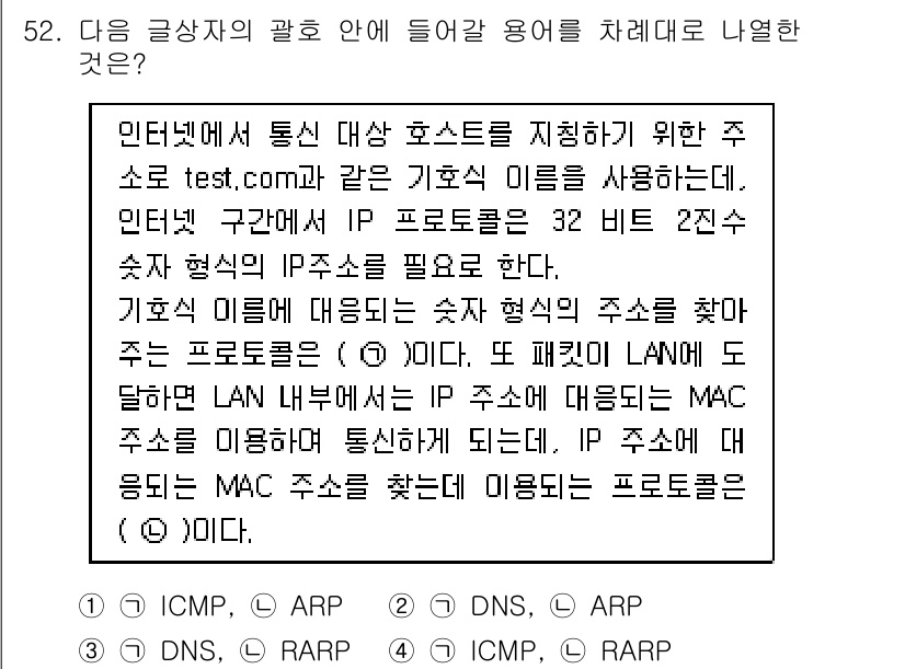 전자상거래관리사_1급 2020년 52번 - 정답은 2. DNS입니다. 이유는 DNS(Domain Name Syste... 에 관한 핵심 기출문제