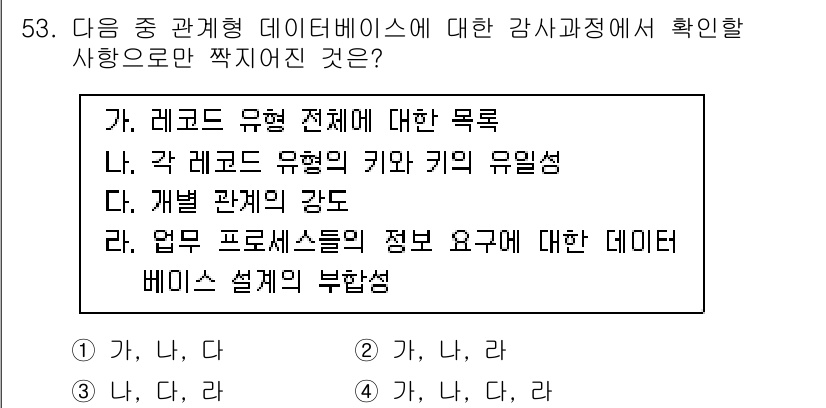 전자상거래관리사_1급 2020년 53번 - 올바른 답변은 '가, 나, 다'입니다. 관계형 데이터베이스에서는 레코드 ... 에 관한 핵심 기출문제