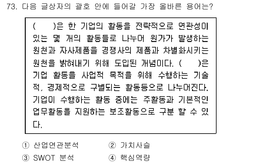 전자상거래관리사_1급 2020년 75번 - 기업이 활동을 수행하는 기술적, 경제적 요소를 고려하여 전략적으로 연계하... 에 관한 핵심 기출문제