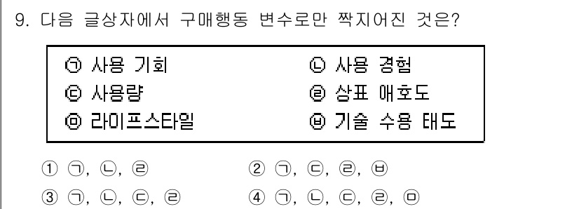 전자상거래관리사_1급 2020년 9번 - 정답은 3번 '상표 매고도'입니다. 구매 행동에 직접적으로 영향을 미치는... 에 관한 핵심 기출문제