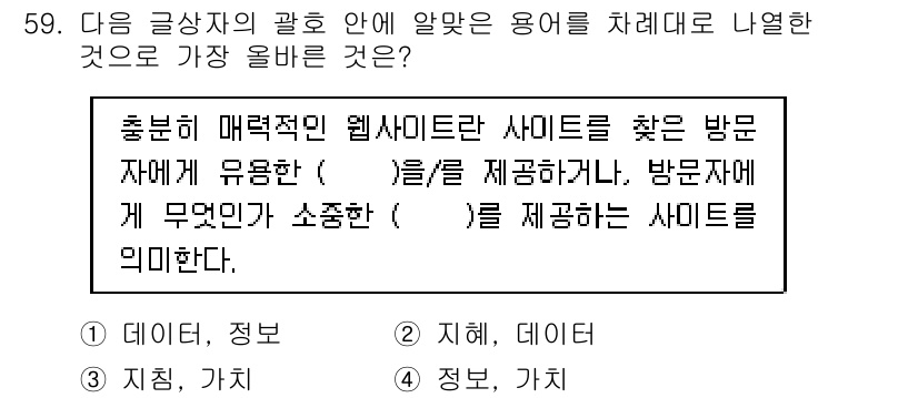 전자상거래관리사_1급 2021년 58번 - 정답 3번(비지니스 모델)은 전자상거래에서 방문자에게 제공하는 정보와 가... 에 관한 핵심 기출문제