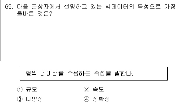 전자상거래관리사_1급 2021년 68번 - 정답은 3번 "정확성"이다. 빅데이터의 주요 특성 중 하나는 데이터의 정... 에 관한 핵심 기출문제
