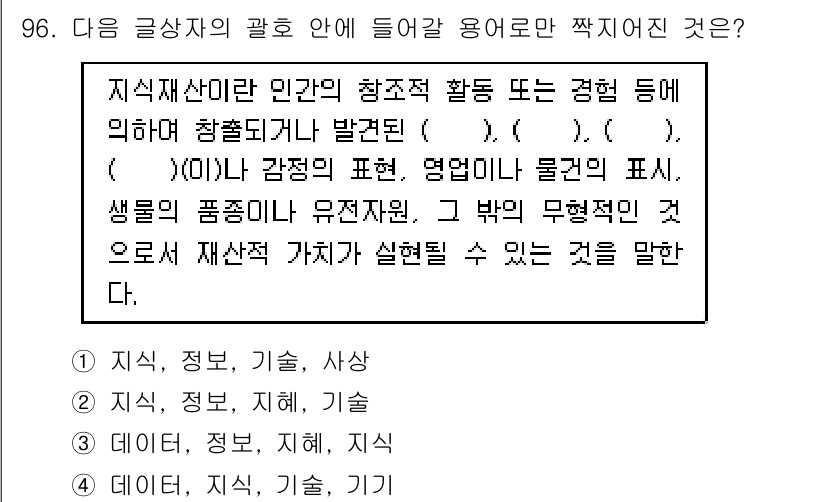 전자상거래관리사_1급 2021년 95번 - 지식 자산은 정보, 기술, 사상 등을 포함하는 개념으로, 인적 자원과 연... 에 관한 핵심 기출문제