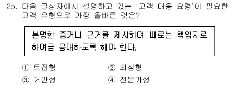 전자상거래관리사_1급 2022년 25번 - 정답은 2번 '의심형'입니다. 고객의 의심형 유형은 정보 부족으로 인해 ... 에 관한 핵심 기출문제