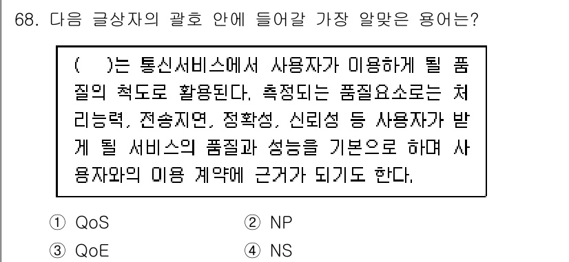 전자상거래관리사_1급 2022년 68번 - . 

이유: QoS(서비스 품질)는 통신 서비스에서 성능을 기준으로 하... 에 관한 핵심 기출문제