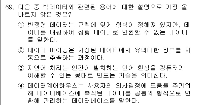 전자상거래관리사_1급 2022년 69번 - 1. 반정형 데이터는 구조가 일정하지만, 데이터를 매핑하여 정형으로 변환... 에 관한 핵심 기출문제