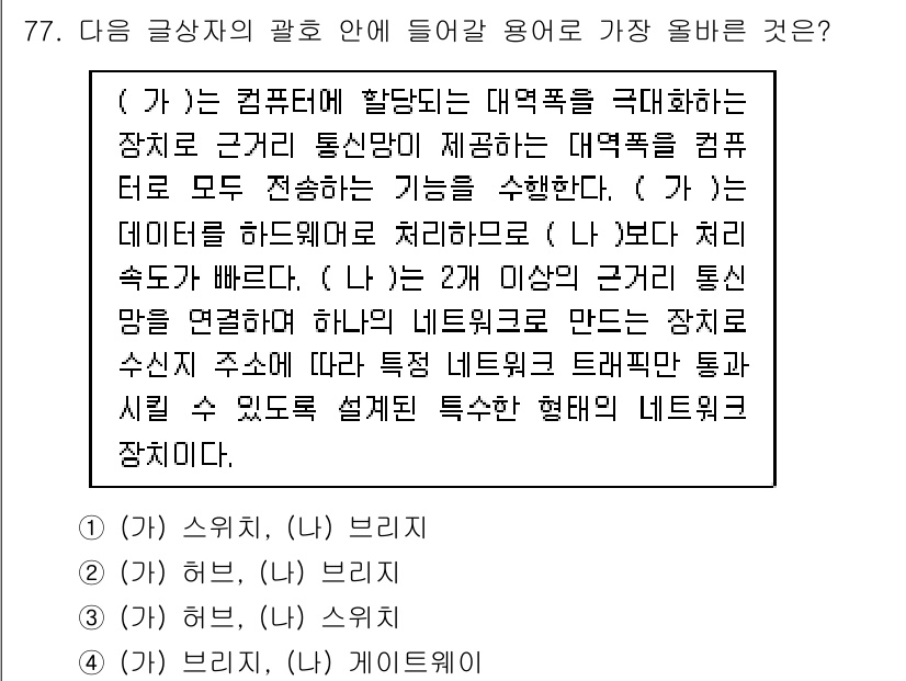 전자상거래관리사_1급 2022년 77번 - . 

해설: (가)는 컴퓨터에 연결된 여러 장치가 대역폭을 공유하여 통... 에 관한 핵심 기출문제
