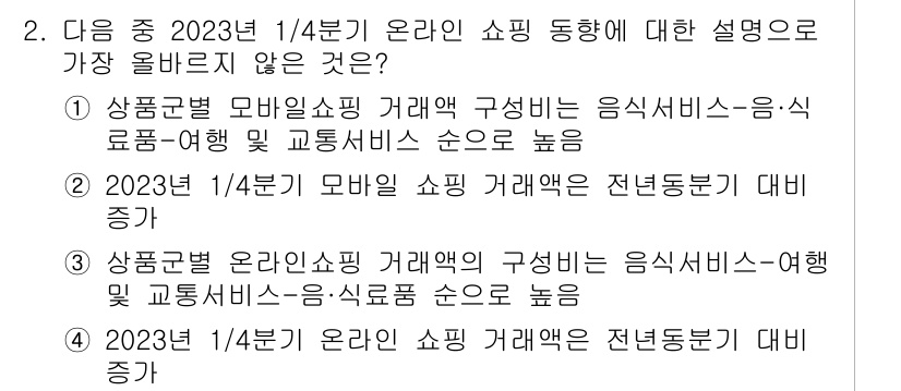 전자상거래관리사_1급 2023년 2번 - 2023년 1/4분기 모바일 쇼핑 거래액의 전년 동기 대비 증가는 실제로... 에 관한 핵심 기출문제