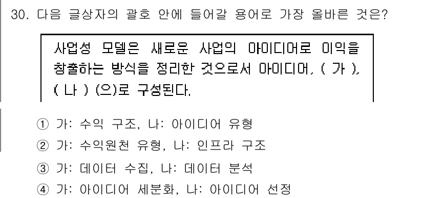 전자상거래관리사_1급 2023년 30번 - 정답은 (가) 수익 구조입니다. 전자상거래 관리에서 사업 모델을 정의하는... 에 관한 핵심 기출문제