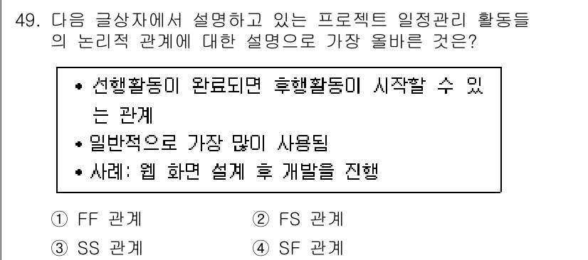 전자상거래관리사_1급 2023년 49번 - 이론적으로 프로젝트의 활동들은 상호 의존성이 있으며, 한 활동이 완료된 ... 에 관한 핵심 기출문제