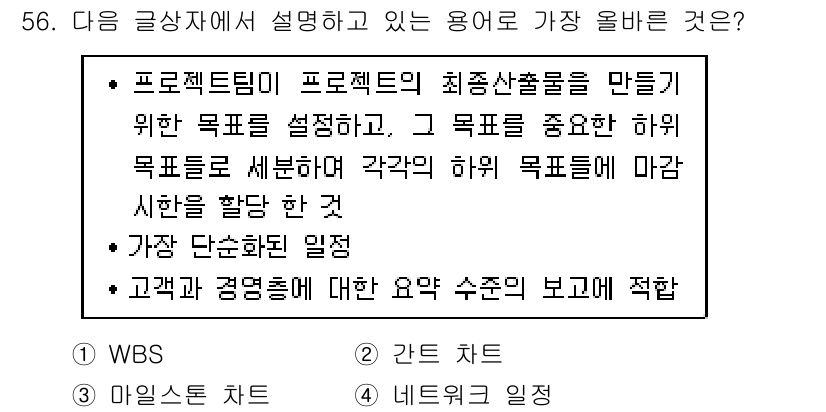 전자상거래관리사_1급 2023년 56번 - 번.  

프로젝트팀이 프로젝트의 최종 산출물을 만들기 위해 목표를 설정... 에 관한 핵심 기출문제