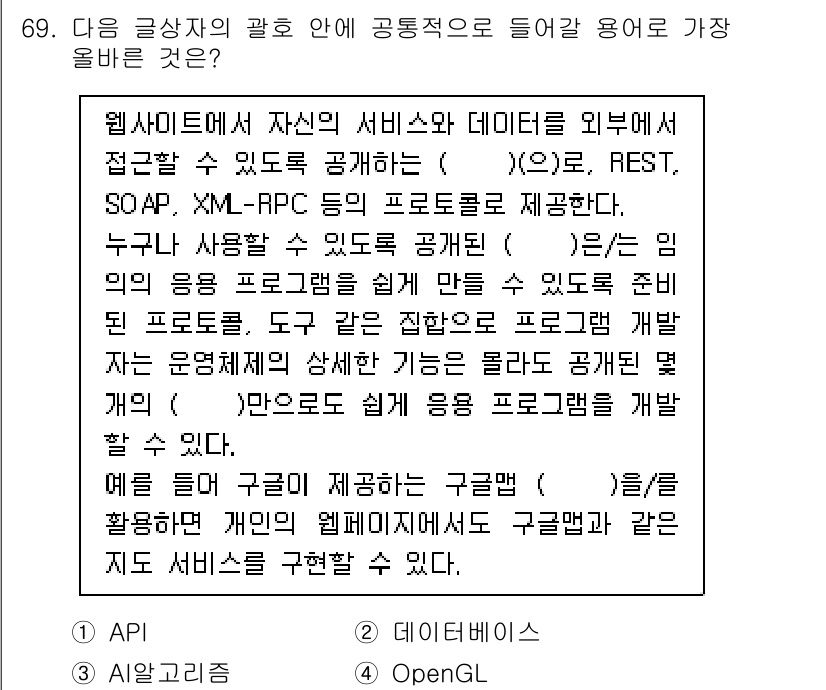 전자상거래관리사_1급 2023년 69번 - . 

웹 서비스는 API(Application Programming I... 에 관한 핵심 기출문제